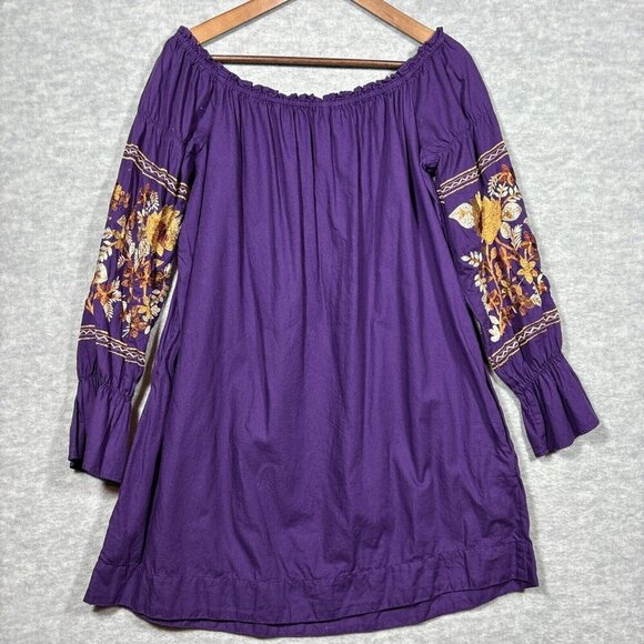 Free People Womens Dress M Purple Embroidered Boho Fleur Du Jour Off Shoulder - Picture 7 of 7